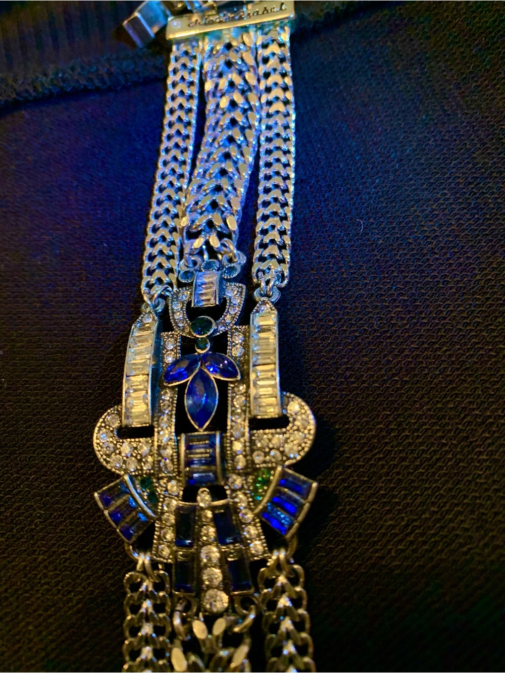 CHLOE & ISABELL SAPPHIRE & RHINESTONE ART DECO SILVER TONE BRACELET